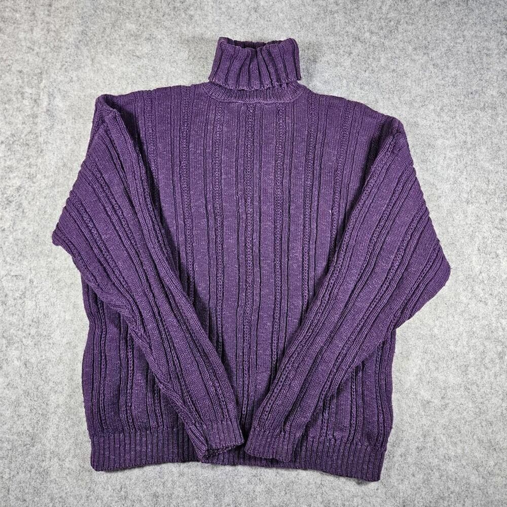 VTG L.L. Bean Purple Cable Knit Turtleneck Academia Poet Sweater Sz Large READ‎